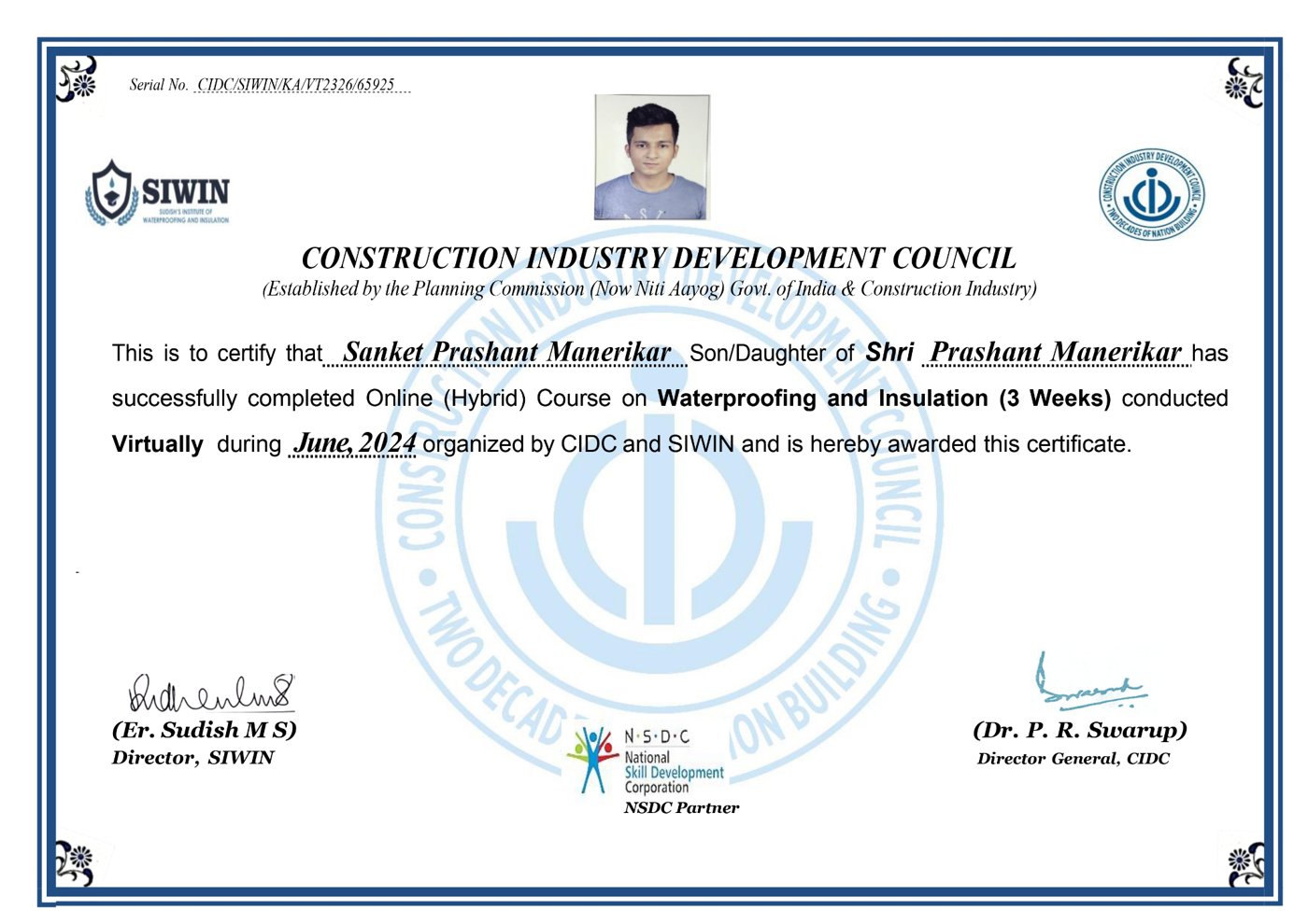 CIDC and SIWIN certificate in Waterproofing and Insulation awarded to Sanket Prashant Manerikar, June 2024